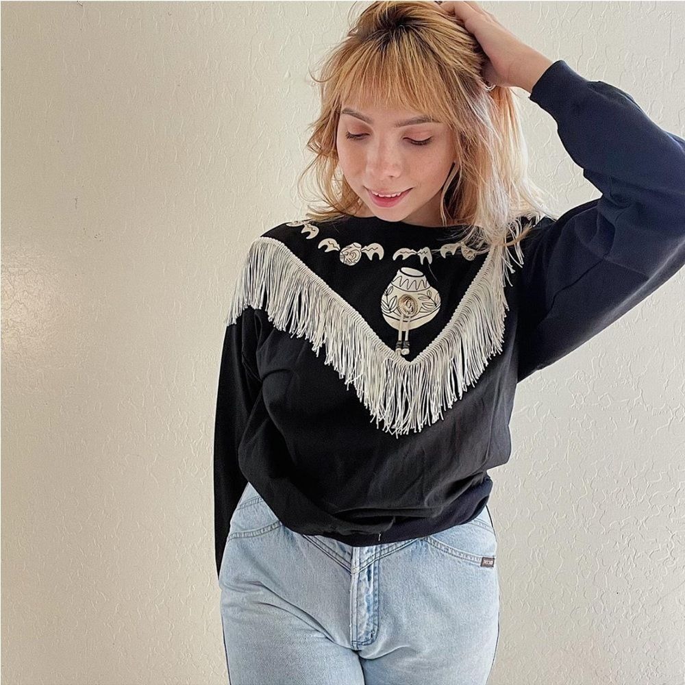 Vintage Fringe Boho‎ Black Western Short Drop Sleeve Top- Size Large